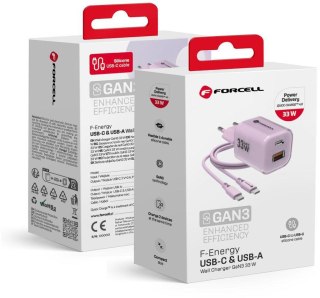 ŁADOWARKA SIECIOWA Forcell F-Energy GaN III VT-41 33 W 1x USB-C 1x USB-A PD 3.0 QC 4.0 FIOLETOWA FORCELL