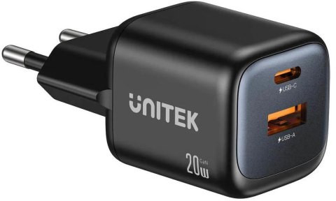 Ładowarka sieciowa Unitek GaN 20W, USB-C, USB-A, PD 3.0, czarna UNITEK
