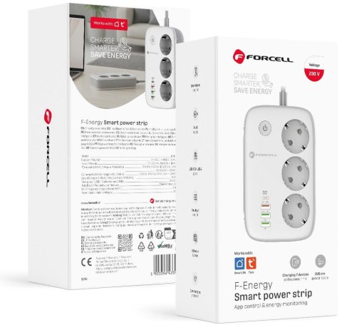 Listwa sieciowa Forcell F-Energy 3x schuko, USB-C 30W, 3x USB-A QC3.0 PD WiFi Tuya 2500W 10A FORCELL