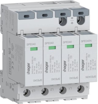 SPD Ogranicznik przepięć T2 4P 3+1 sieć TN-S/TT In=20kA Up≤1,35kV SPE440 Hager HAGER