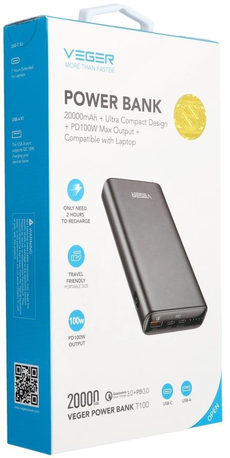 Powerbank Veger 20000 mAh 100 W PD QC 3.0 USB-A 2x USB-C czarny VEGER
