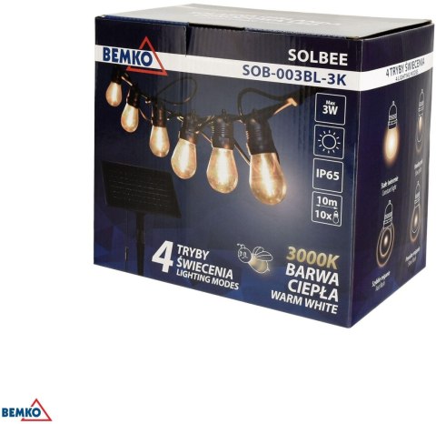 SOLARNA GIRLANDA OGRODOWA LED BEMKO SOLBEE 3W 3000K 10SZT 10M IP65 CZARNA C83-SOB-003BL-3K BEMKO
