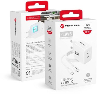 Ładowarka sieciowa Forcell F-Energy GaN III VT-60 60W PD QC 4.0+ 2x USB-C biała + kabel USB-C FORCELL