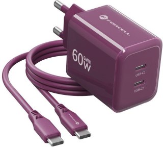 Ładowarka sieciowa Forcell F-Energy GaN III VT-60 60W PD QC 4.0+ 2x USB-C burgundowa + kabel USB-C FORCELL