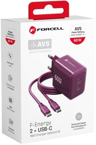 Ładowarka sieciowa Forcell F-Energy GaN III VT-60 60W PD QC 4.0+ 2x USB-C burgundowa + kabel USB-C FORCELL