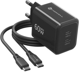 Ładowarka sieciowa Forcell F-Energy GaN III VT-60 60W PD QC 4.0+ 2x USB-C czarna + kabel USB-C FORCELL