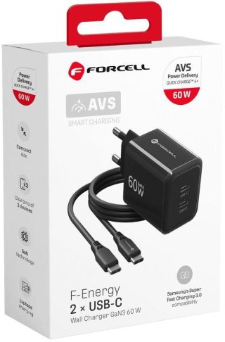 Ładowarka sieciowa Forcell F-Energy GaN III VT-60 60W PD QC 4.0+ 2x USB-C czarna + kabel USB-C FORCELL