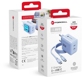 Ładowarka sieciowa Forcell F-Energy GaN III VT-60 60W PD QC 4.0+ 2x USB-C niebieska + kabel USB-C FORCELL