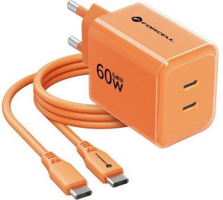 Ładowarka sieciowa Forcell F-Energy GaN III VT-60 60W PD QC 4.0+ 2x USB-C pomarańczowa + kabel USB-C FORCELL