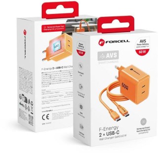 Ładowarka sieciowa Forcell F-Energy GaN III VT-60 60W PD QC 4.0+ 2x USB-C pomarańczowa + kabel USB-C FORCELL