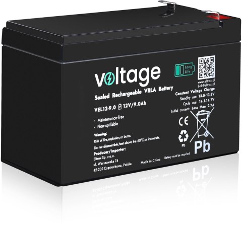 Akumulator AGM Voltage Long Life 12V 9Ah VEL12-9.0 (Żywotność 15 lat) VOLTAGE
